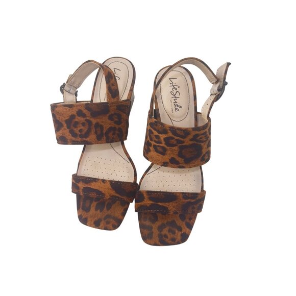 LifeStride TEDDI Women SZ 7W Leopard Print Open-Toe Block Heel Sandal Faux Suede - Picture 5 of 14
